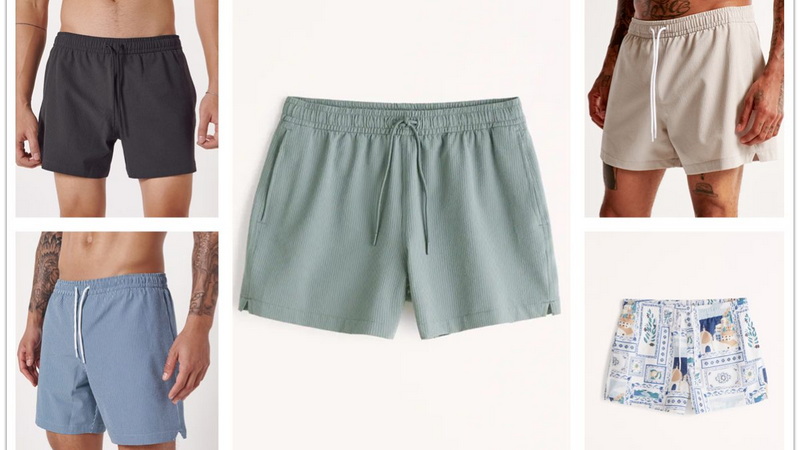 Men's swim trunks in various colors and patterns